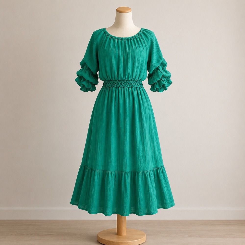 Indigo Rose Jewel Green Crinkle Smocked Ruffle Sleeve Midi Dress S Coastal Boho